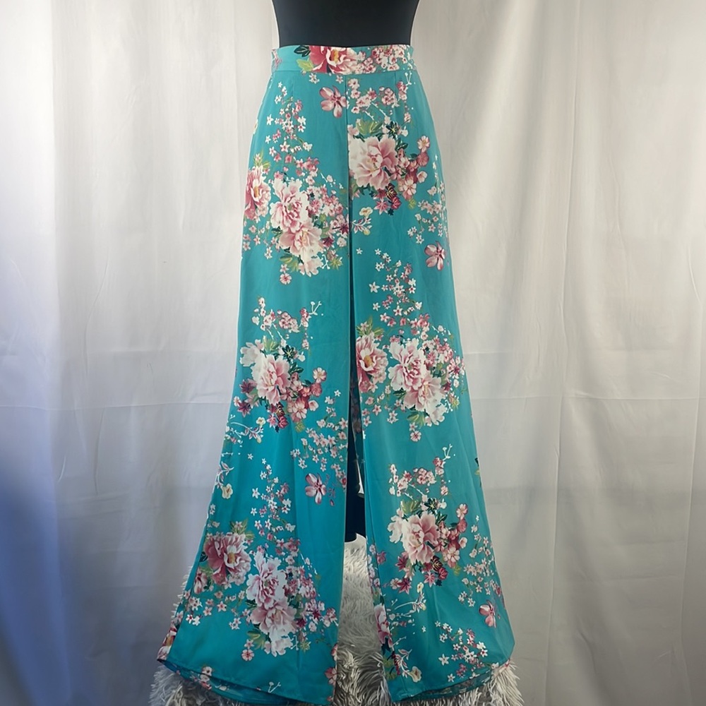 Cherry Blossom turquoise,blue Kimono high waisted wide leg pants,small,floral